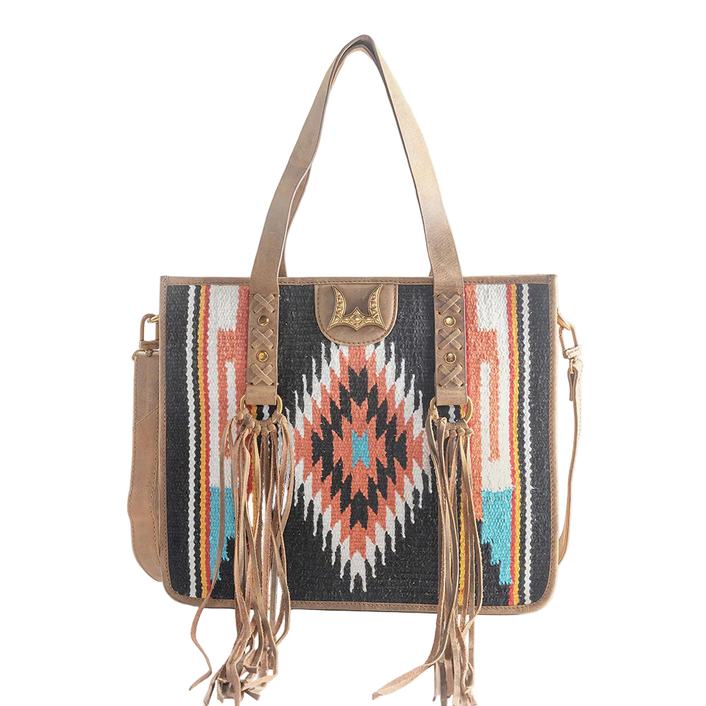 Loyal West Country Medium Western Handbag Black. Handbag with tribal pattern and tassels on a white background