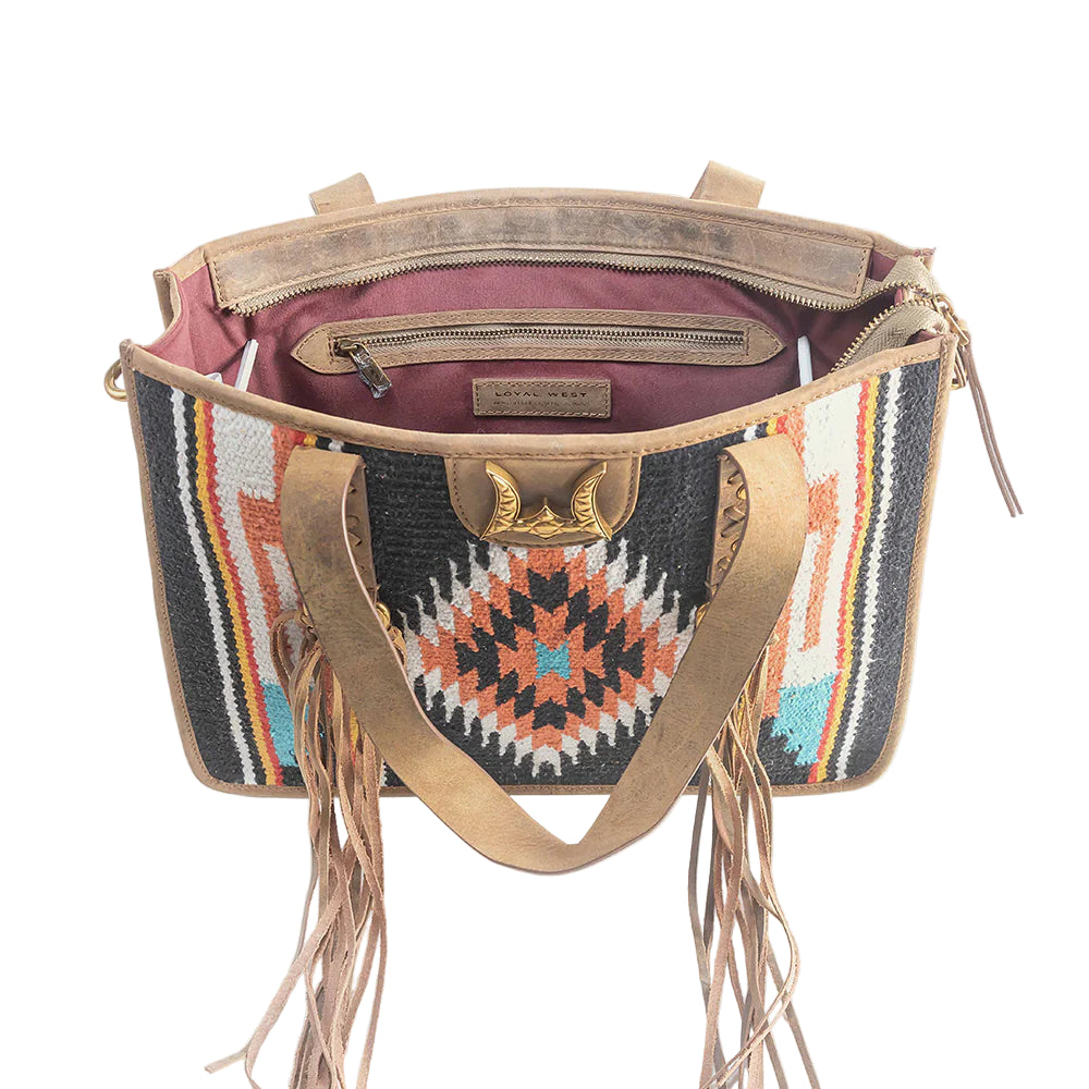 Loyal West Country Medium Western Handbag Black. Handbag with geometric pattern and fringes on a white background