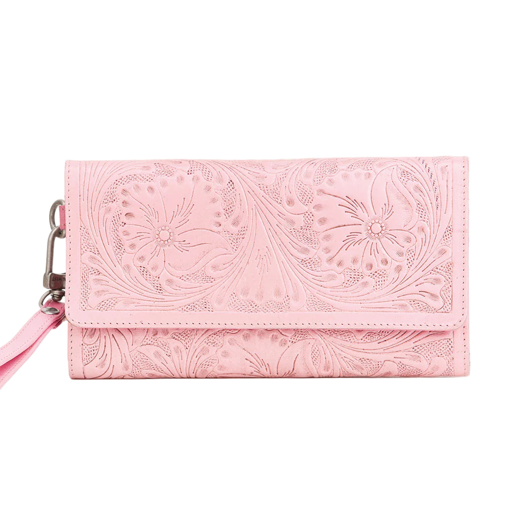 Loyal West Drover Pink Western Wallet . Pink wallet with floral embossed design on a light pink background