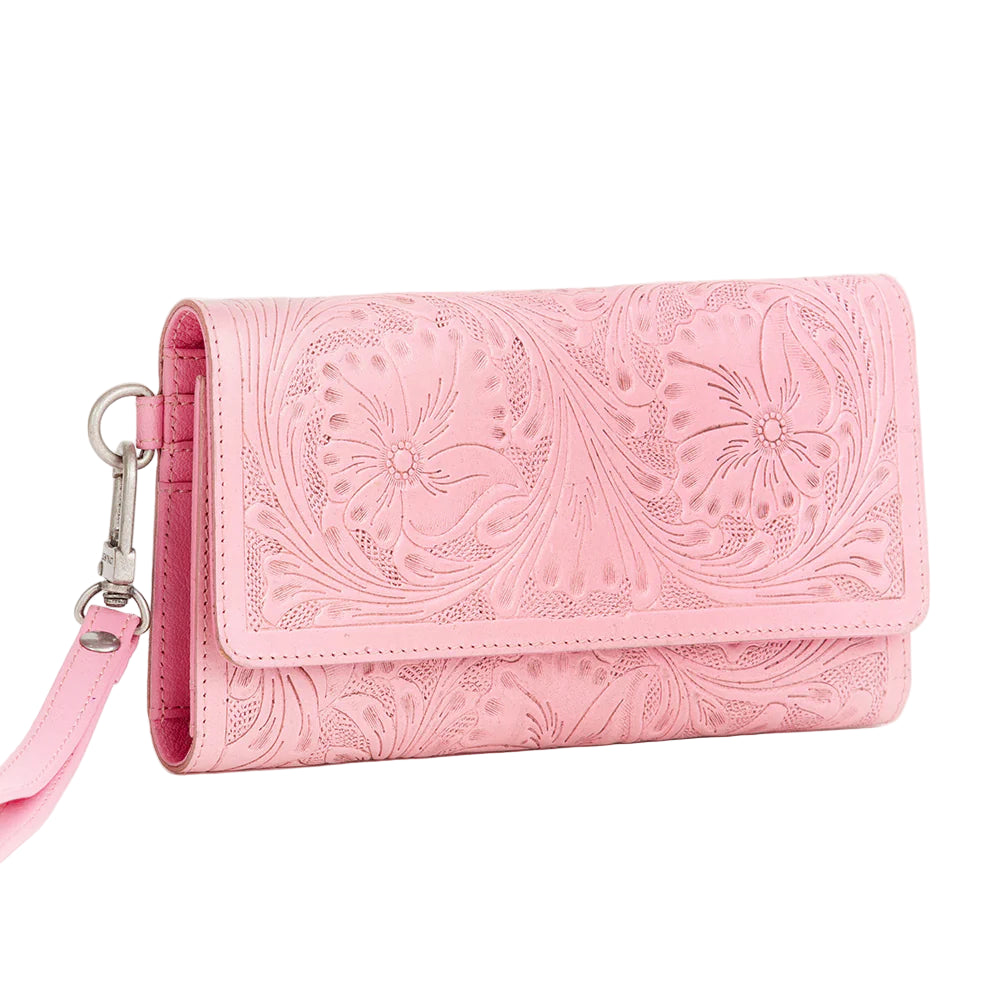 Loyal West Drover Pink Western Wallet . Pink embossed wallet with a strap on a white background