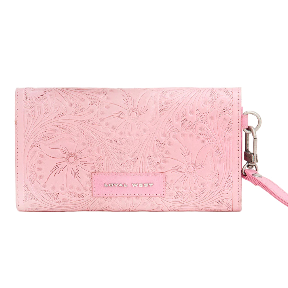 Loyal West Drover Pink Western Wallet . Pink wallet with floral embossing and a visible brand logo on a light gray background