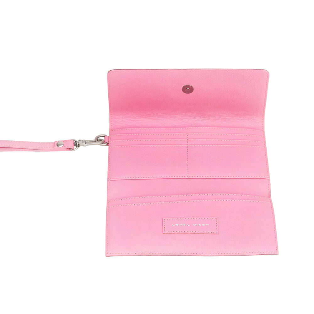 Loyal West Drover Pink Western Wallet . Pink wallet with a strap on a white background