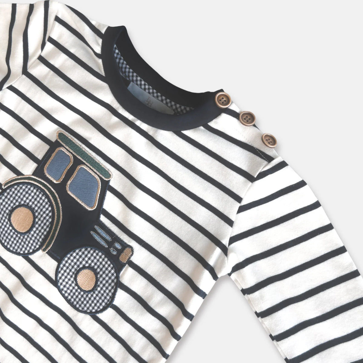 Love Henry Baby Boy's Applique L/S Tee. Children's shirt with black and white stripes and a train design on a white background