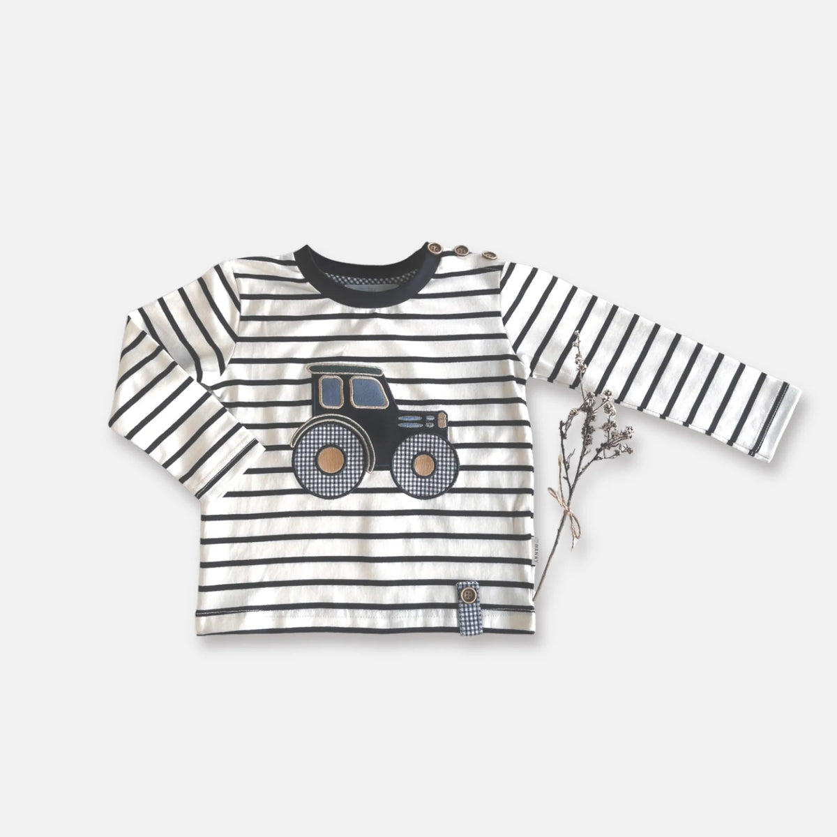 Love Henry Baby Boy&#39;s Applique L/S Tee. Striped long-sleeve shirt with a truck design on a light gray background