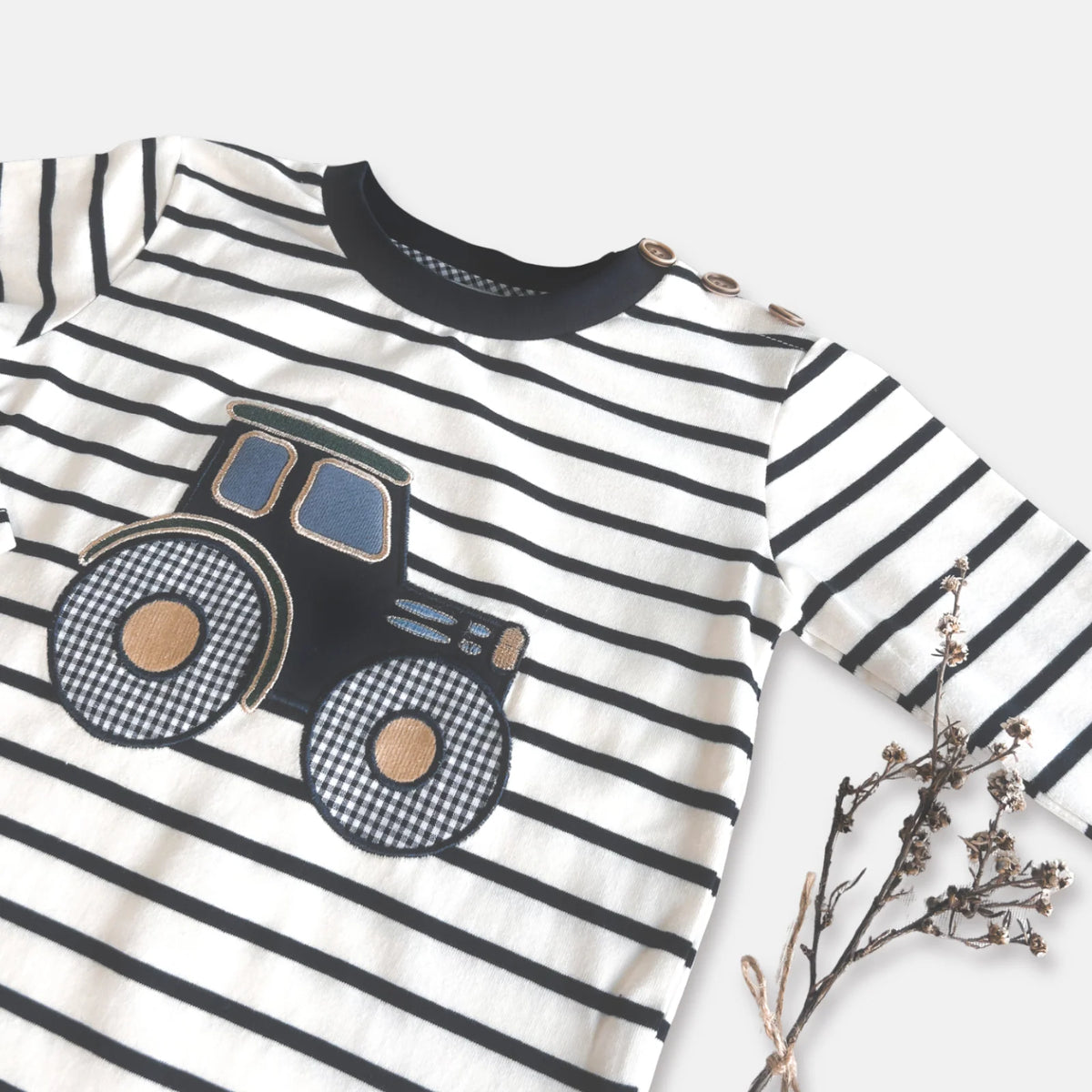 Love Henry Baby Boy's Applique L/S Tee. Children's shirt with striped pattern and toy truck design on a white background