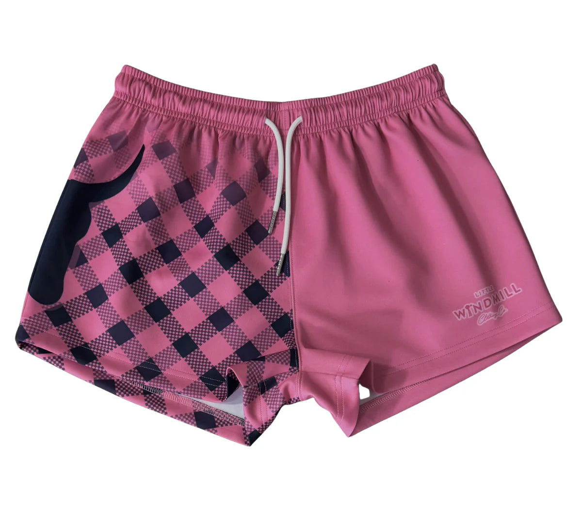 Little Windmill Girl's Branded Footy Shorts. Pink shorts with a checkered pattern on a white background