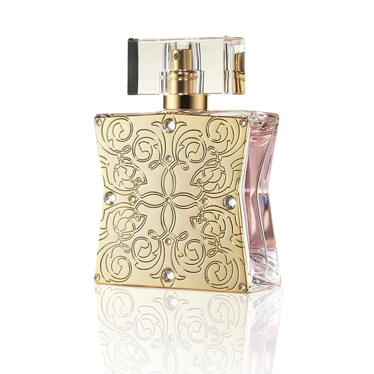 Decorative perfume bottle with gold design on a white background