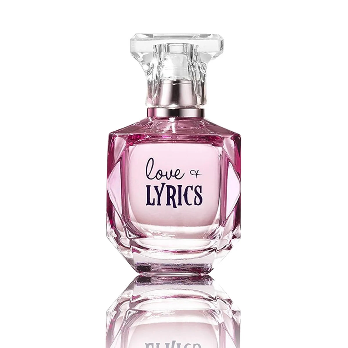 A pink glass perfume bottle with a clear faceted cap and a silver collar, featuring the text 'love LYRICS' on the front, set against a white background with a soft reflection below.