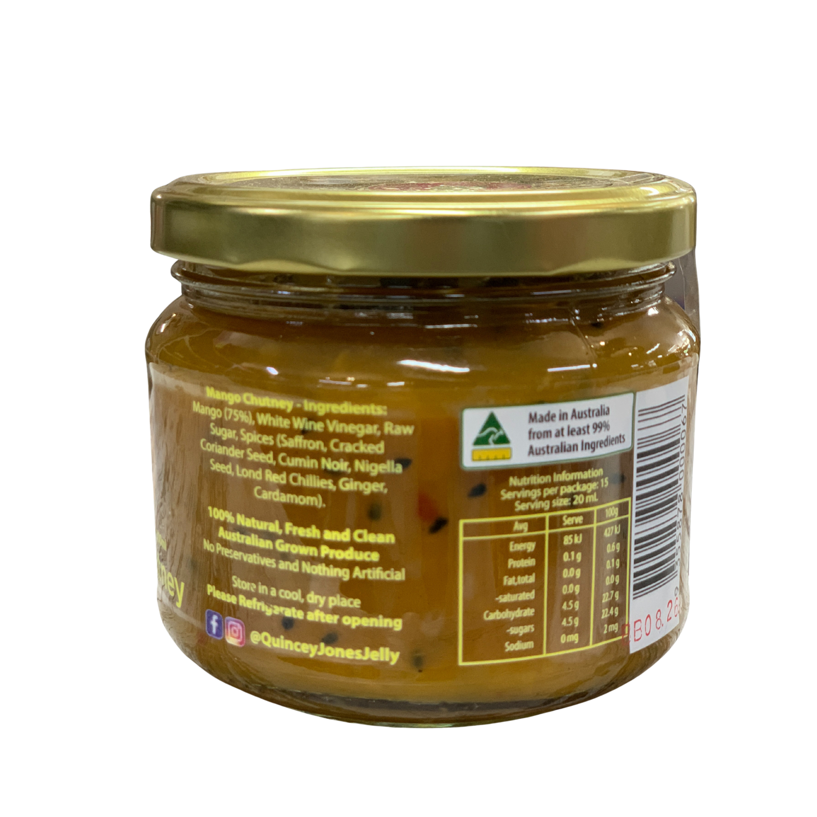 Quincey Jones 300ml Mango Chutney. Jar of Mango Chutney with Quincey Jones Jelly Preserves Co. label on a white background