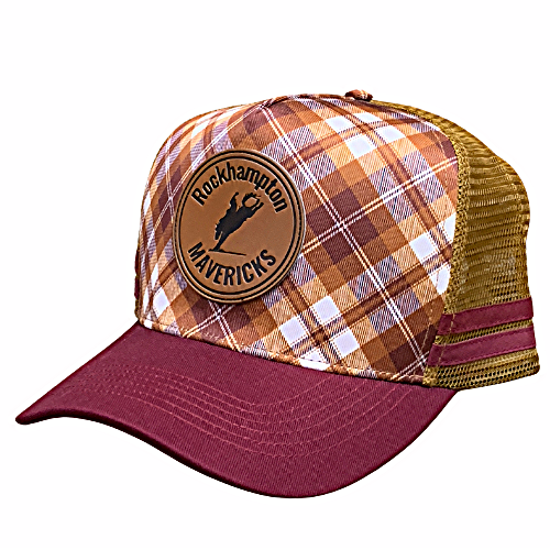 Rocky Mavericks Plaid Trucker Cap. A plaid trucker cap with a breathable mesh design, featuring the 'Rocky Mavericks' logo in the center, in a color scheme that includes red, white, and a touch of blue.