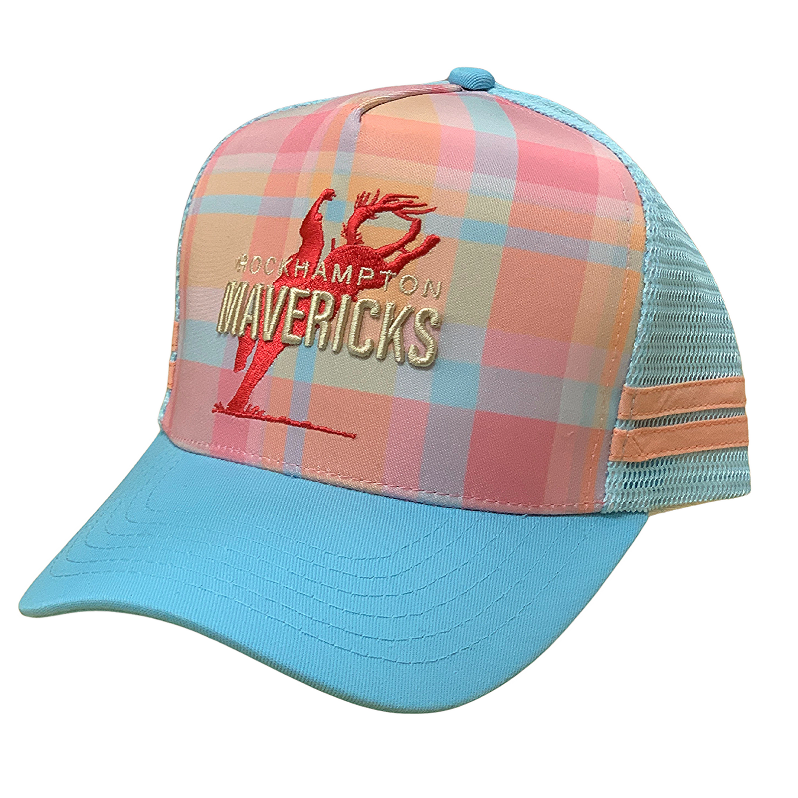 Rocky Mavericks Pink Plaid Trucker Cap. A trucker cap with a pink and blue plaid pattern and 'Mavericks' text embroidered on the front.