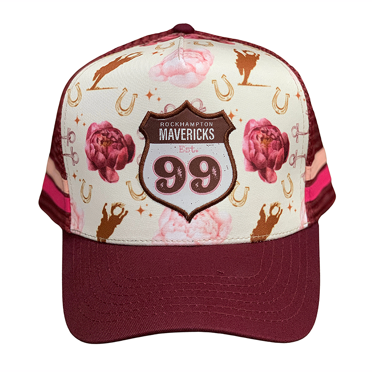 Rocky Mavericks Shield Trucker Cap. A trucker cap with a floral pattern and a 'Mavericks 99' logo on the front. The cap has a red visor and a white mesh back.