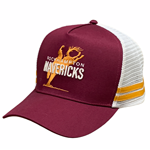 Rocky Mavericks Trucker Cap. Two trucker caps, one in red and one in brown, with 'ROCKY MAVERICKS' text on them.