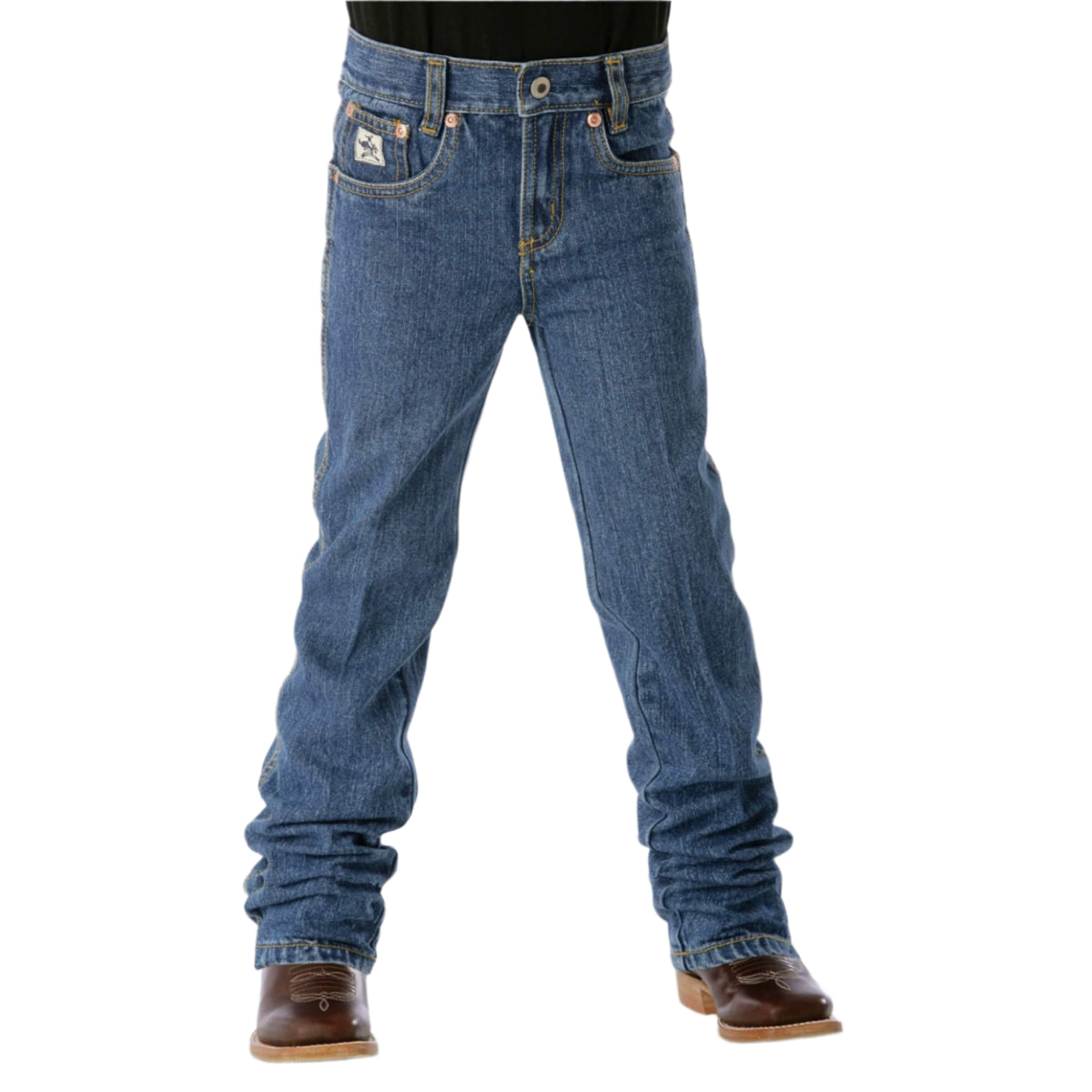 Cinch Boy&#39;s Youth Slim Fit Original Jean. A pair of slim fit blue jeans for boys, with an adjustable waistband and a medium stonewash finish.