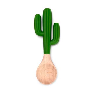 Monkey Business Saguaro Mexican Dip Spoon. Cactus-shaped spoon with wooden handle on a white background