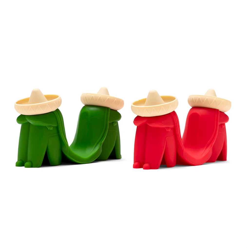 Monkey Business Los Dos Taco Holders. Taco-shaped holder with a toy figure inside on a white background