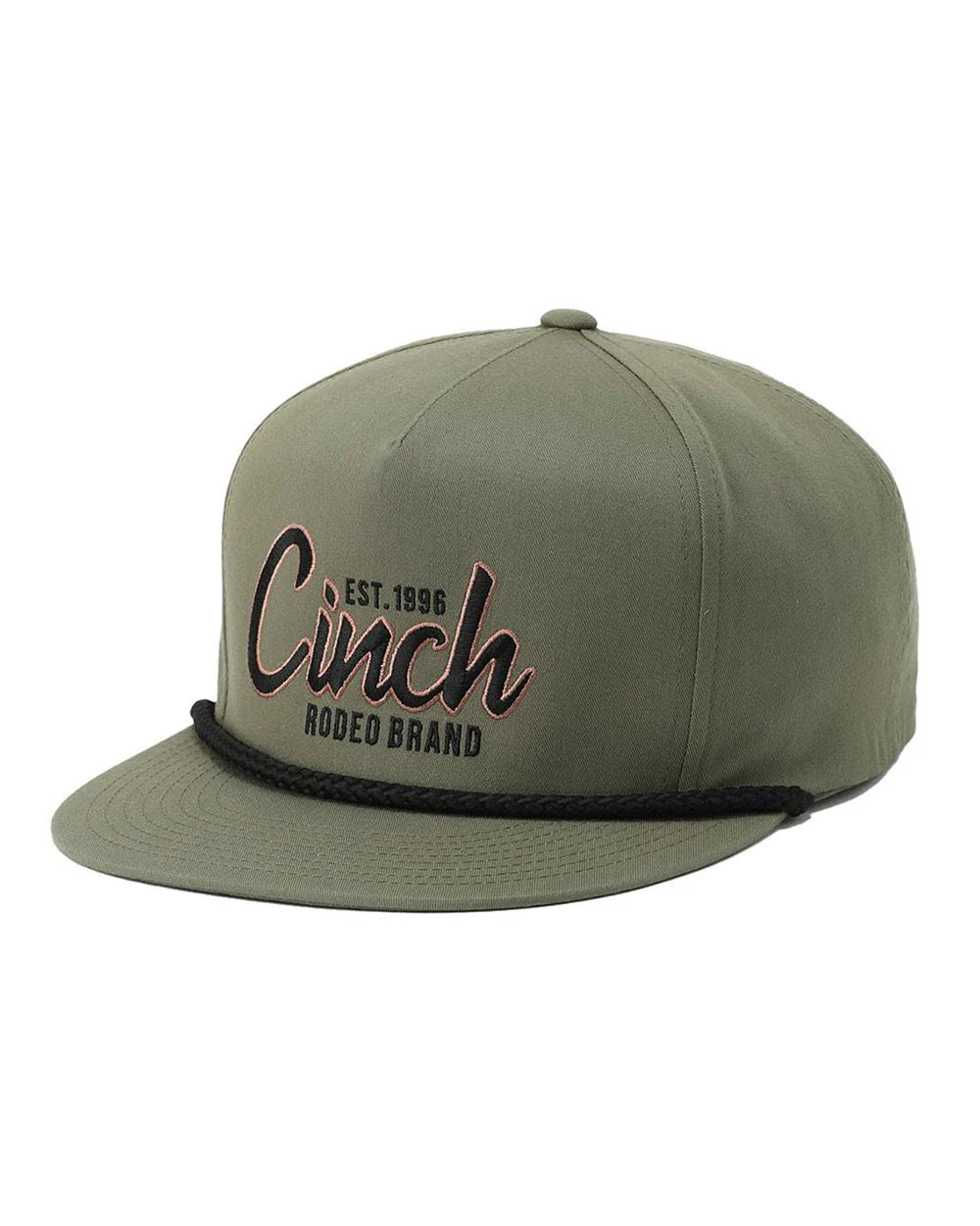 Cinch Men&#39;s Flexfit Olive Rodeo Brand Cap. Green cap with &#39;Cinch Rodeo Brand&#39; embroidery on a white background