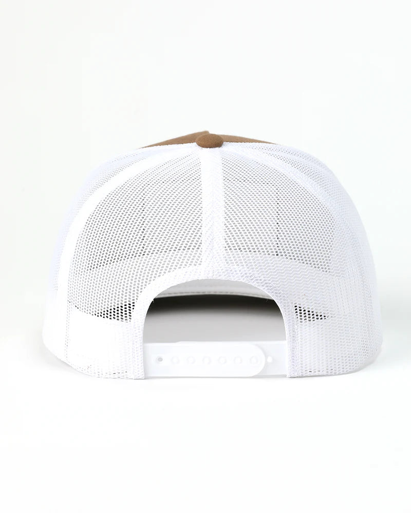 White cap with brown visor on a white background