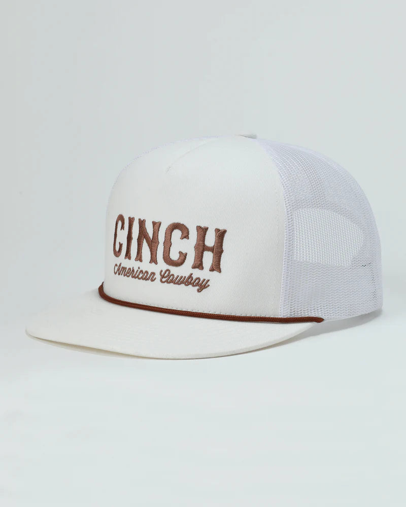 White trucker cap with 'Cinch American Cowboy' text on a light gray background