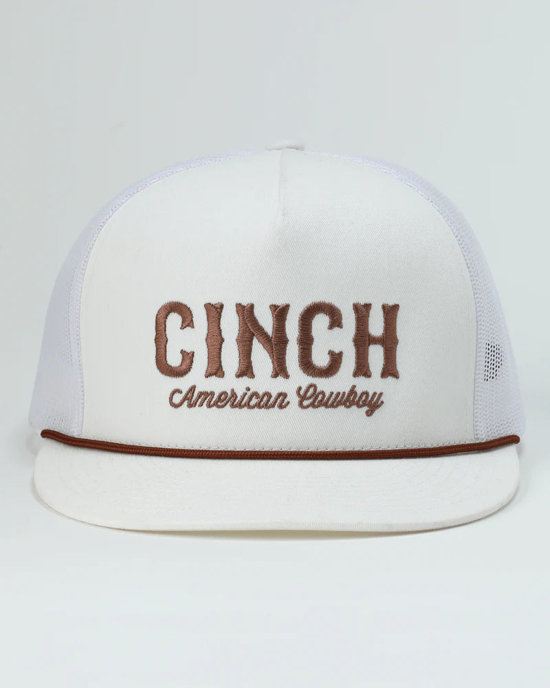 White trucker cap with 'Cinch American Cowboy' text on a light gray background