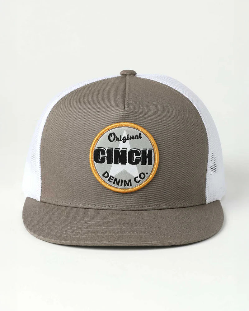 Gray and white cap with Cinch Denim Co. logo on a white background