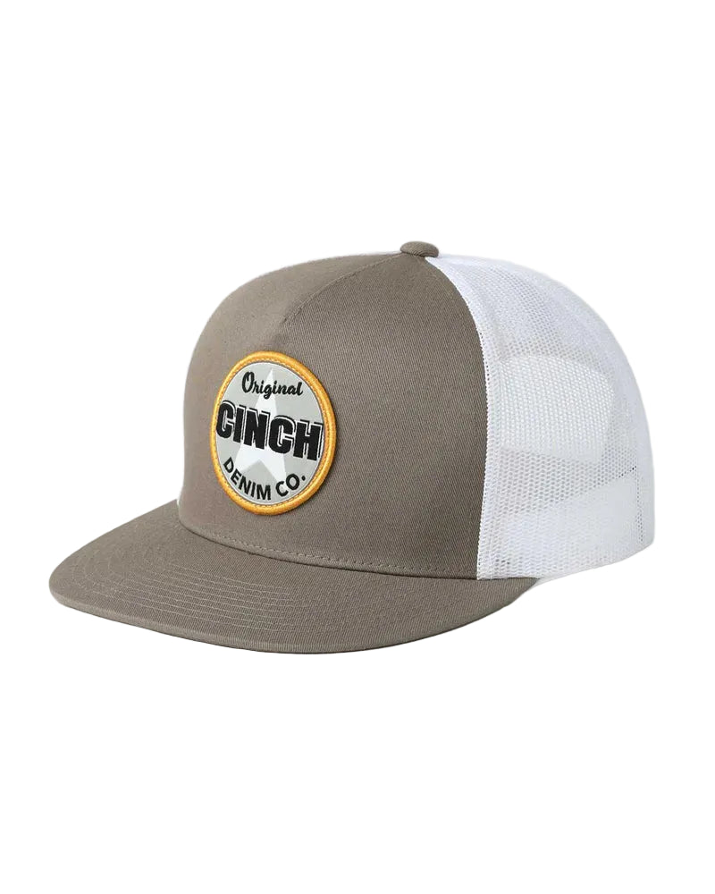 Gray and white cap with Cinch Denim Co. logo on a white background