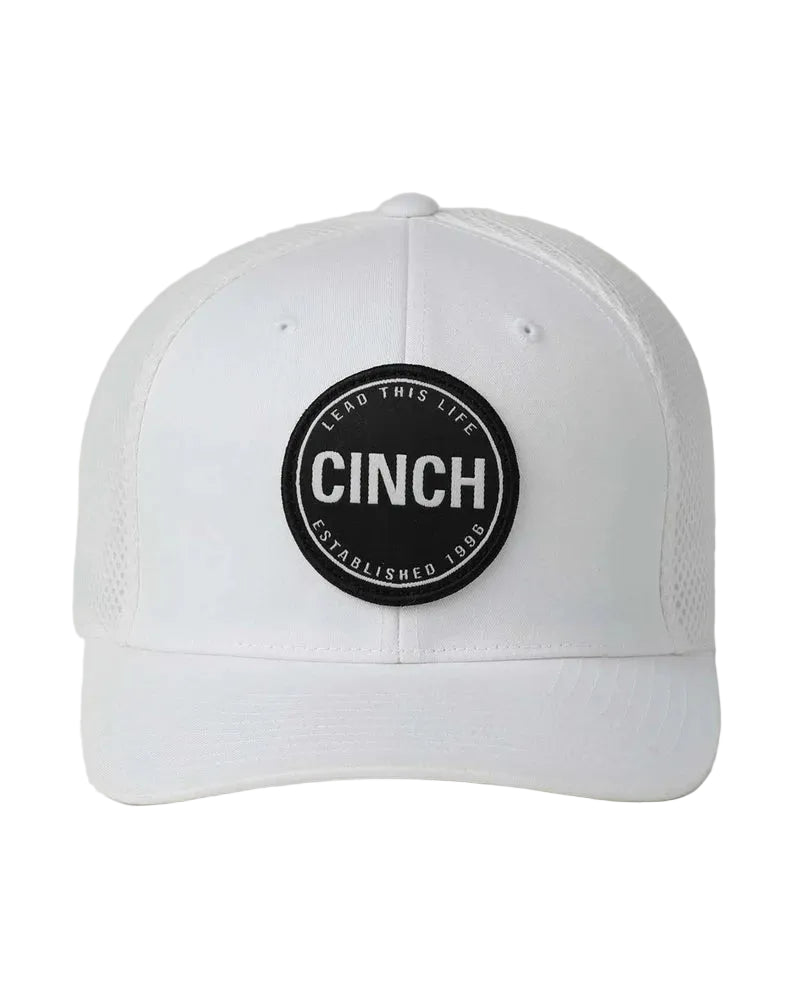 White cap with a black Cinch logo on a light gray background