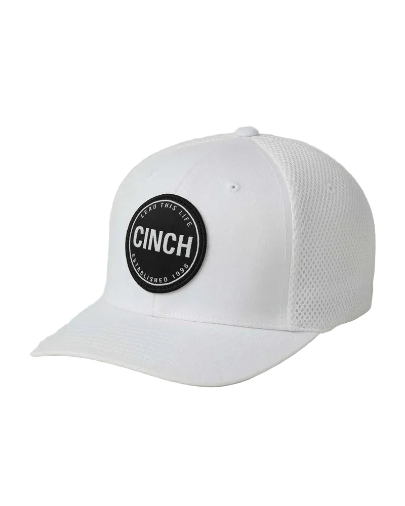 White cap with a black Cinch logo on a light gray background