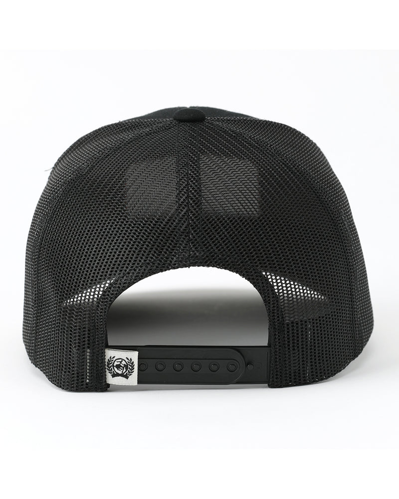 Cinch Men's Mid Profile Trucker Cap. Black mesh trucker cap with a logo on the back on a white background