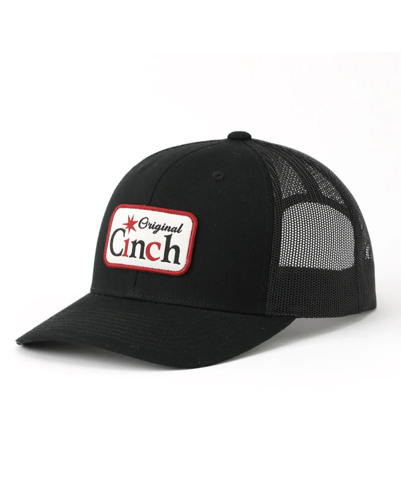 Cinch Men's Mid Profile Trucker Cap. Black cap with Cinch logo on a white background