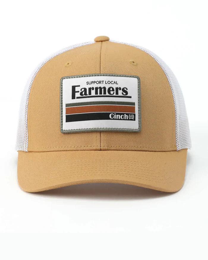 Cinch Men's Support Local Farmers Mesh Back Cap. Tan and white cap with a visible brand logo on a white background