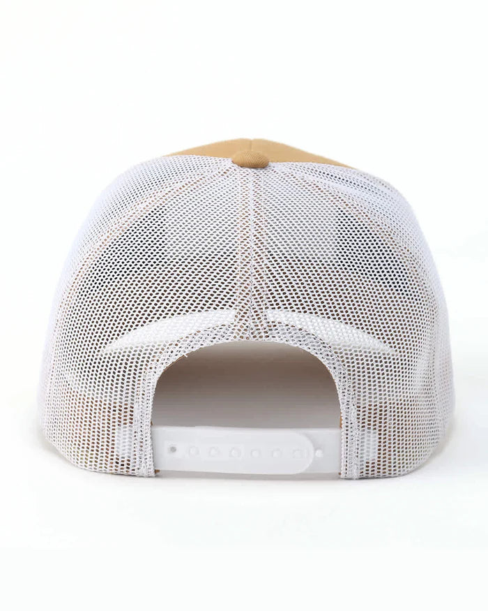 Cinch Men's Support Local Farmers Mesh Back Cap. Back view of a white mesh cap with a wooden visor on a white background