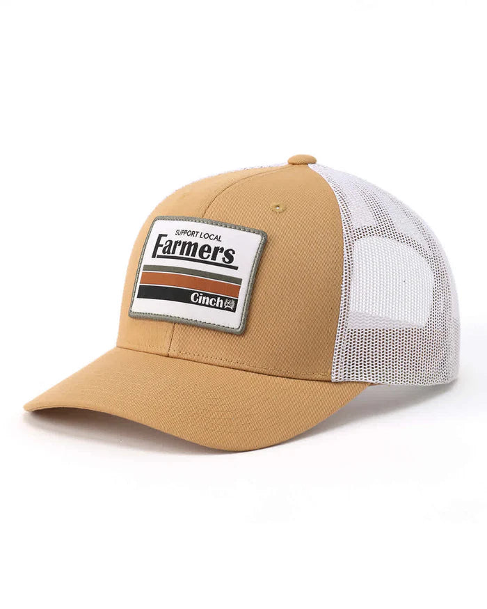 Cinch Men's Support Local Farmers Mesh Back Cap. Tan and white cap with a visible brand logo on a white background