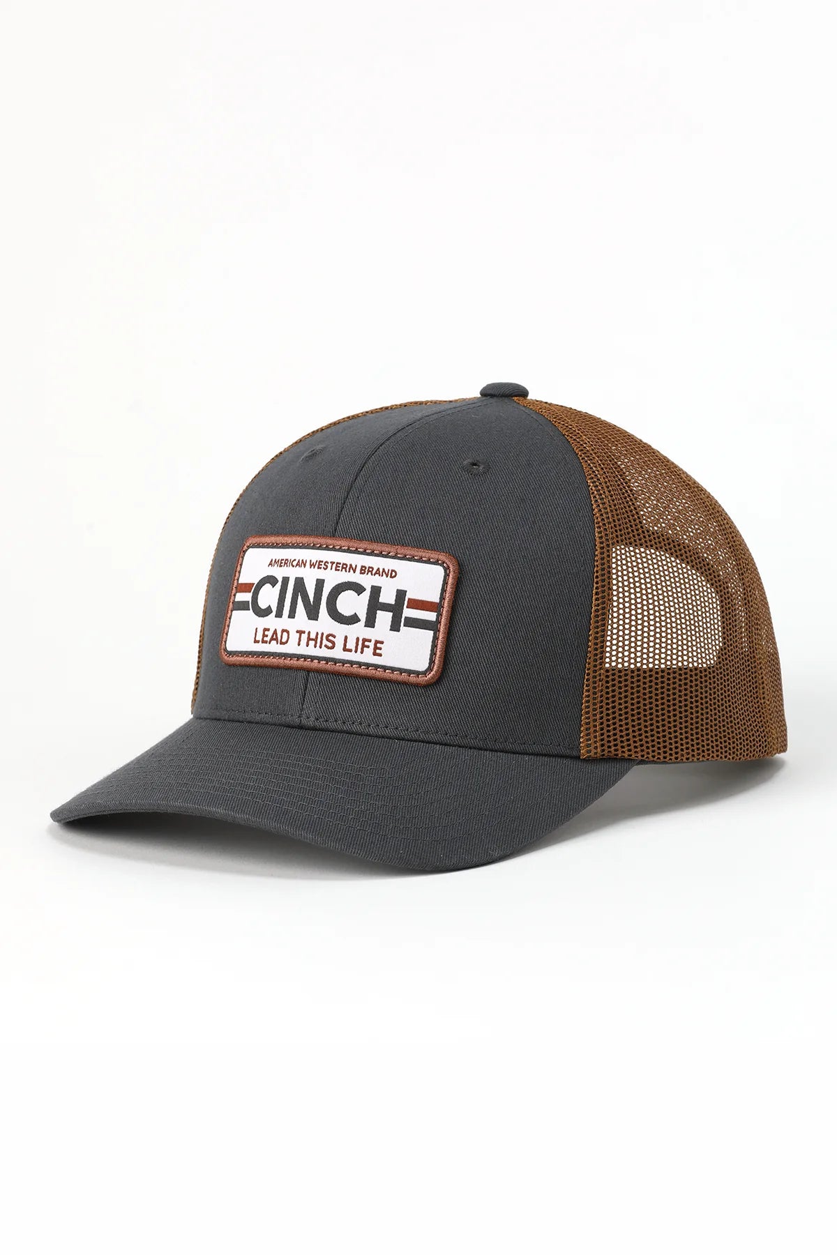 Gray and brown cap with Cinch logo on a white background