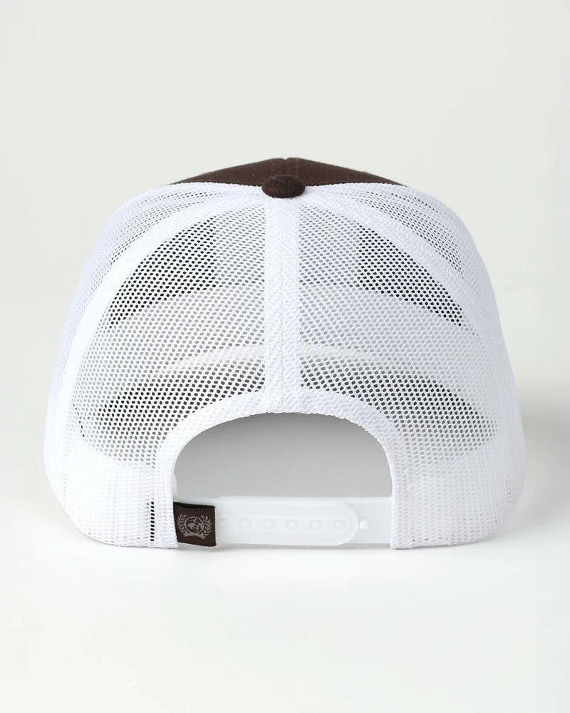 Back view of a cap with a white mesh back and brown visor on a light gray background