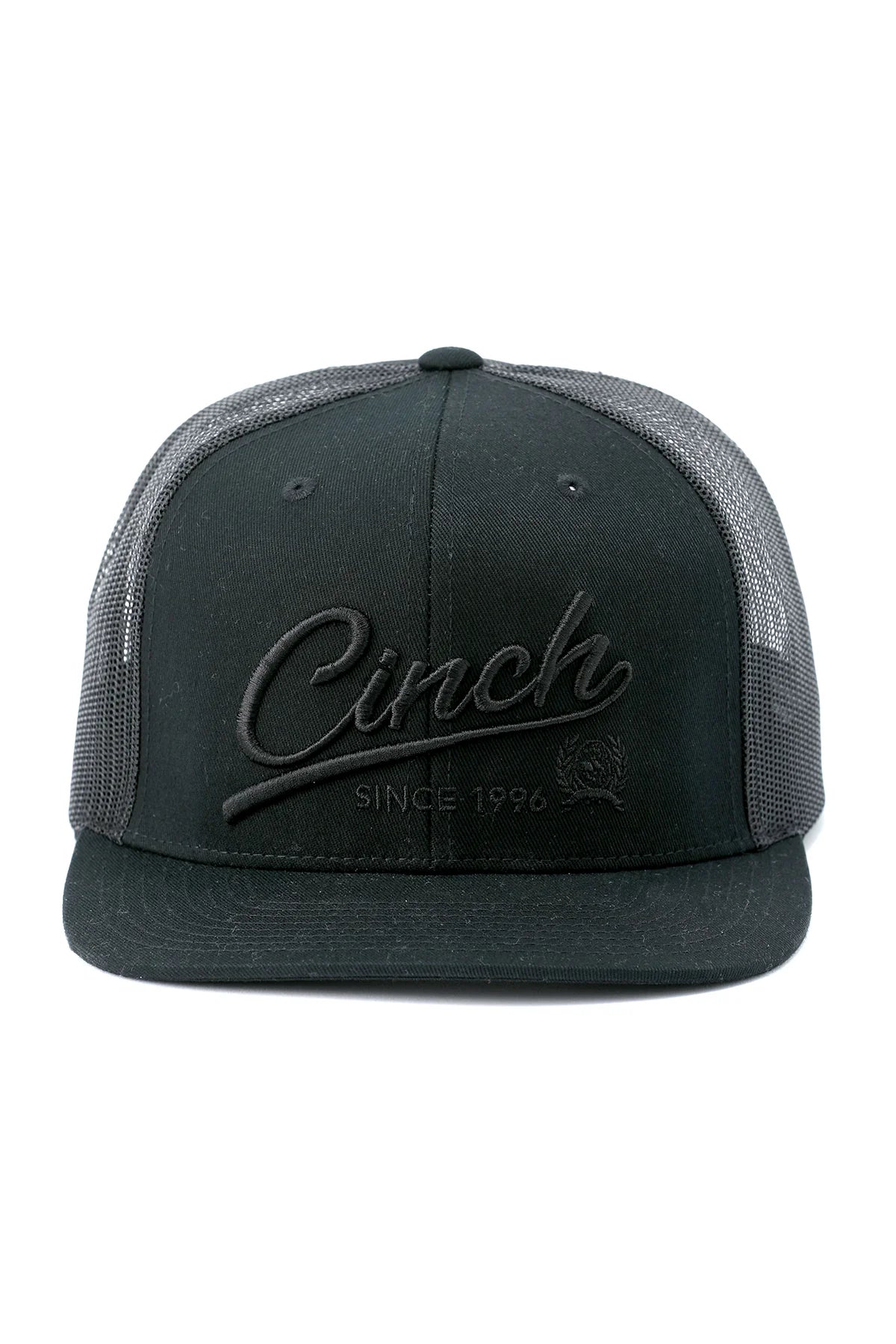 Black mesh cap with 'Cinch' branding on a white background