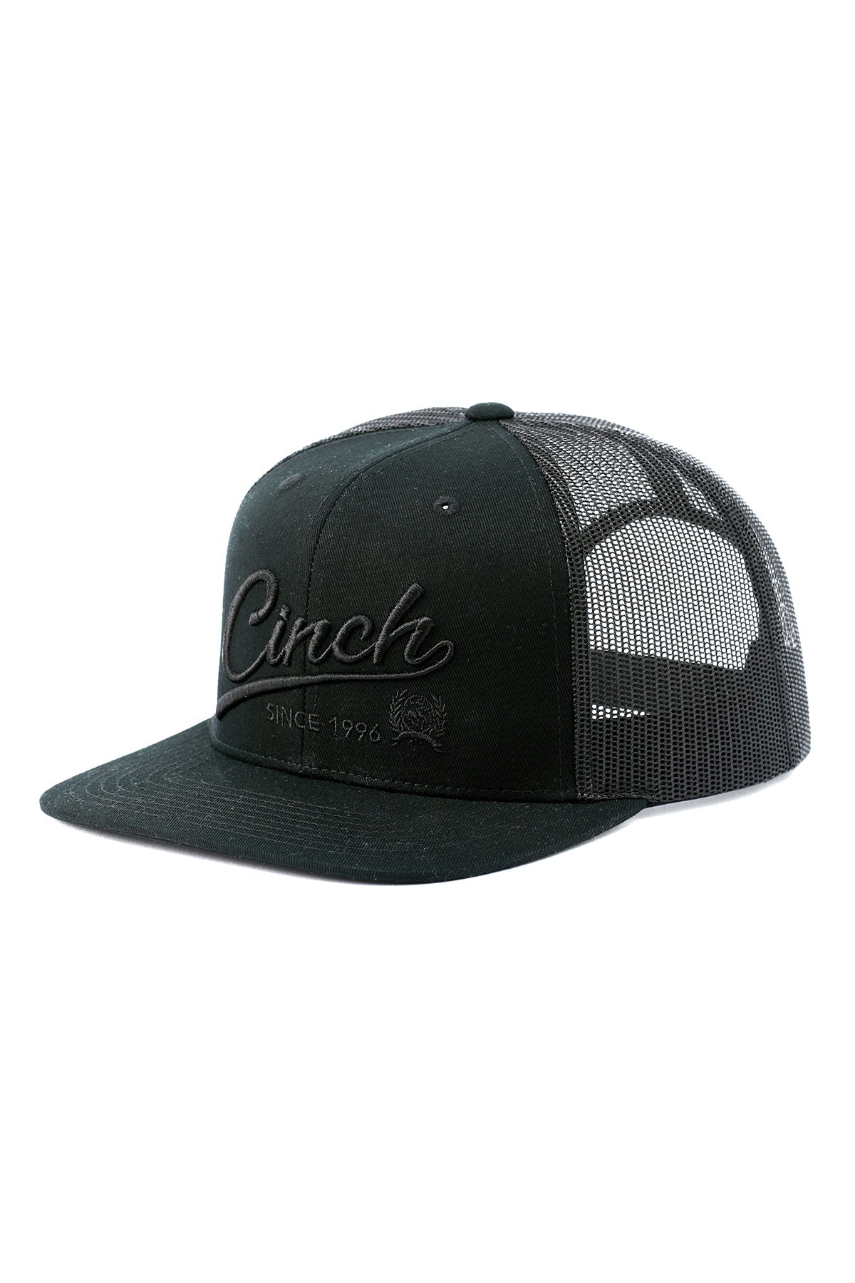 Black mesh cap with 'Cinch' branding on a white background