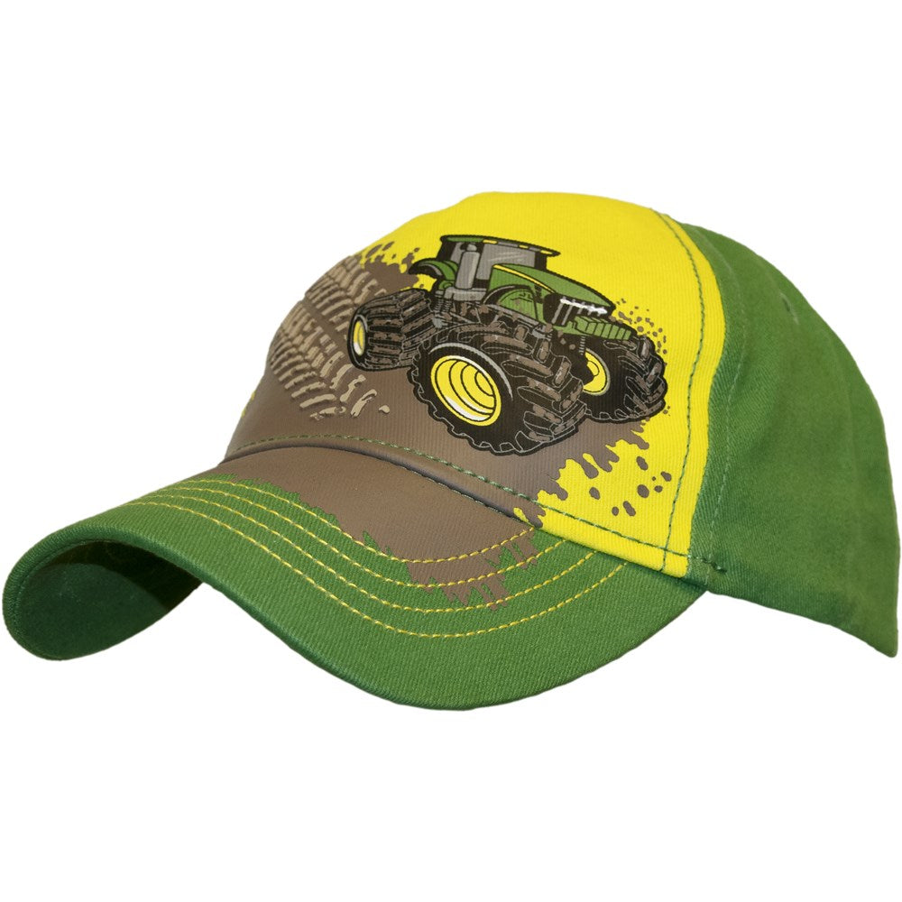 John Deere Kids Tractor Mud Track Cap. Children's cap with tractor design on a white background