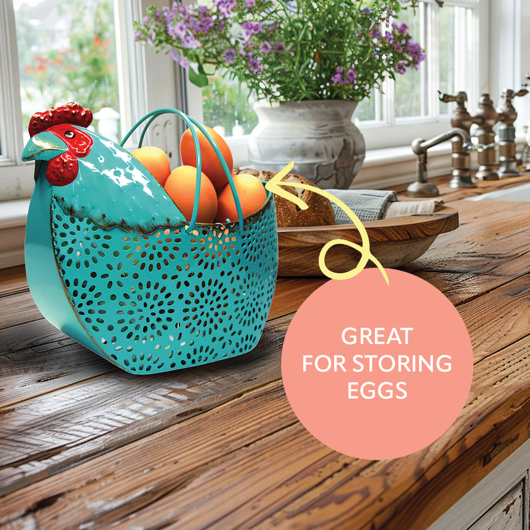 Turquoise chicken-shaped basket with red details on a white background