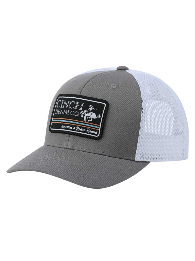 Cinch Women's Denim Co. Patch Trucker Cap. Gray and white cap with Cinch Denim Co. logo on a white background
