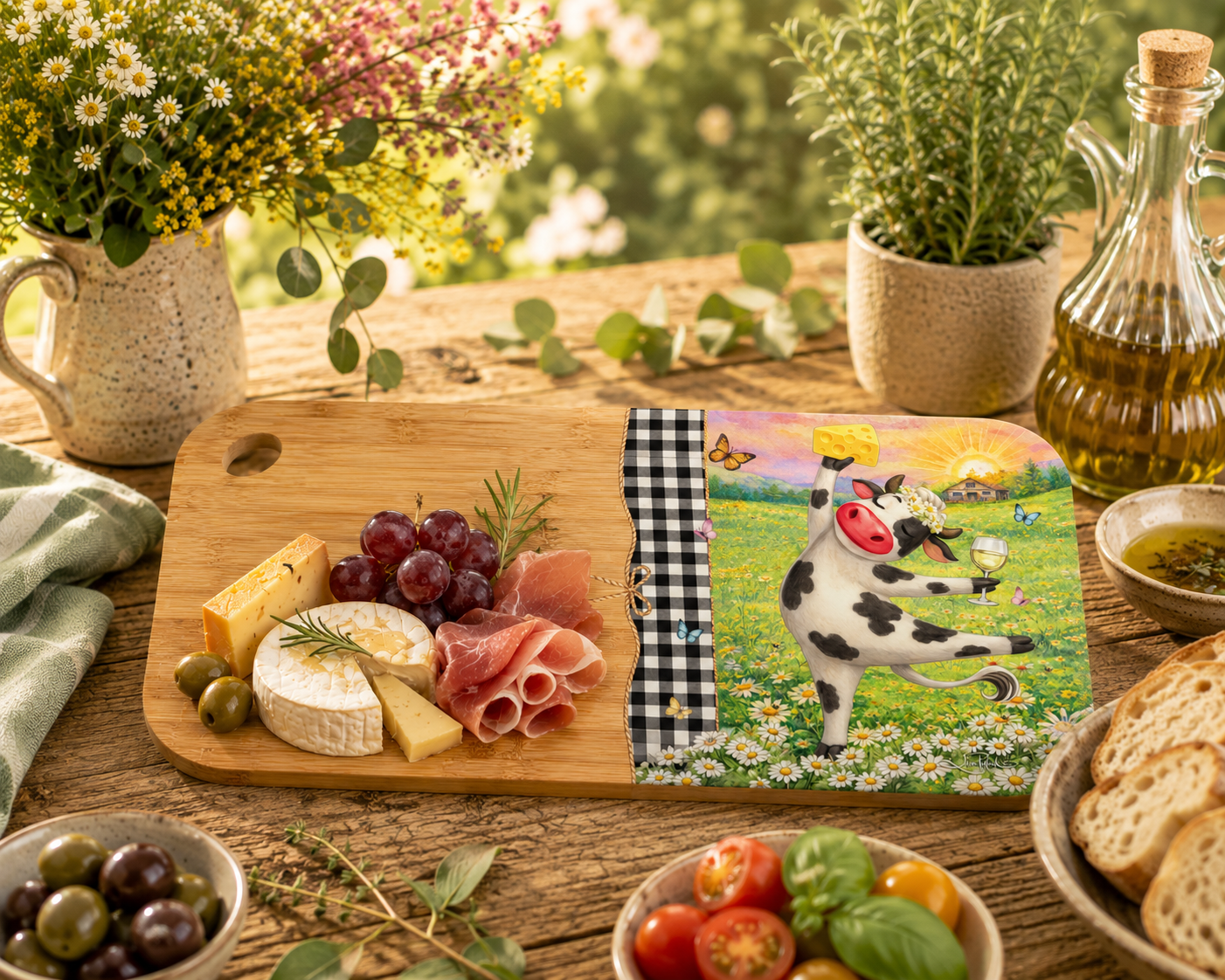A wooden charcuterie board with a colorful printed cow illustration on one side, styled with cheese, grapes, prosciutto, olives, bread, flowers, and herbs on a rustic wooden table in an outdoor garden setting.