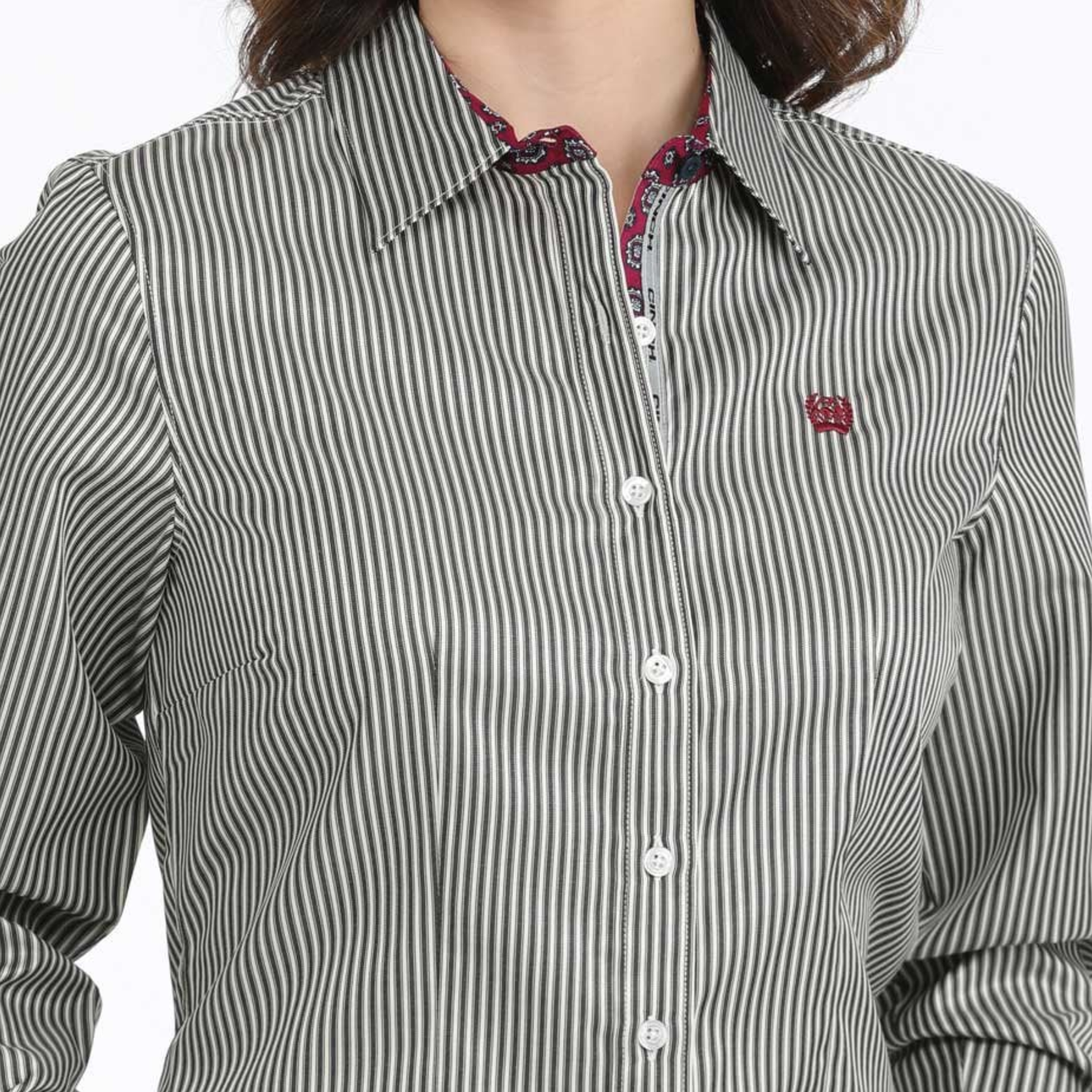 Black and white striped shirt with a red logo on a white background