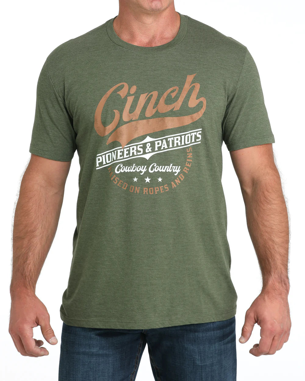 Cinch Men's Graphic Tee. Green t-shirt with 'Cinch' branding worn by a person on a white background