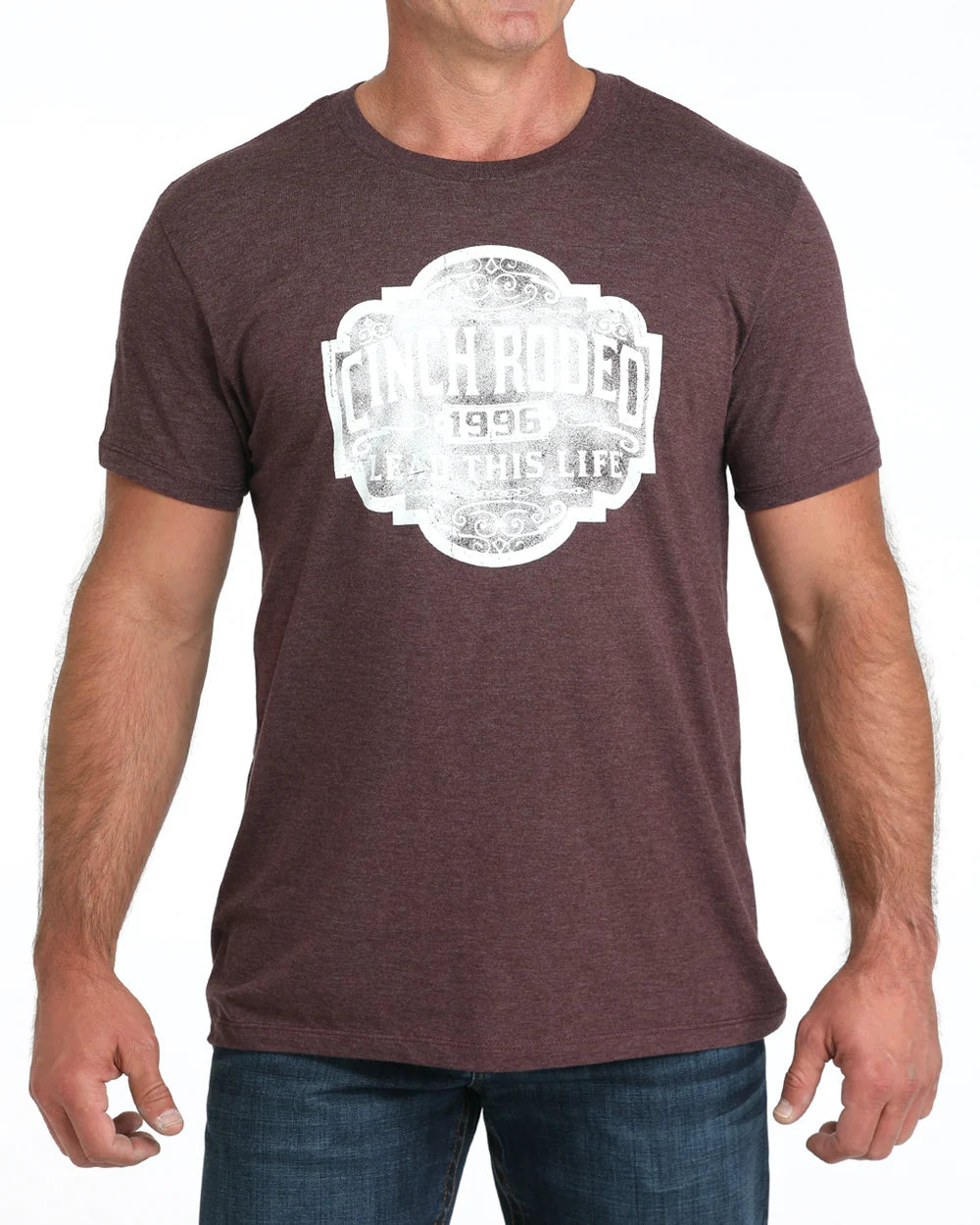 Cinch Men's Graphic Tee. Man wearing a maroon t-shirt with a white graphic design on a white background