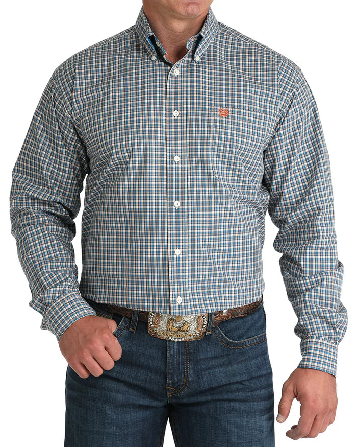 Cinch Men's Classic Fit Check L/S Western Shirt. Man wearing a plaid shirt with a visible brand logo on a white background