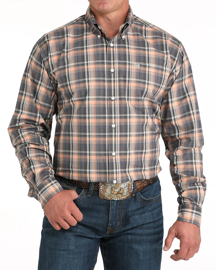 Cinch Men's Classic Fit Check L/S Western Shirt. Man wearing a plaid shirt and jeans on a white background
