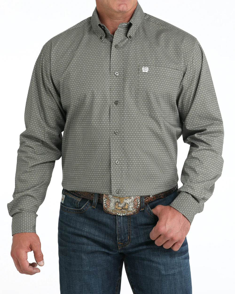 Cinch Men's Classic Fit Button-Down Western Shirt. Man wearing a patterned button-up shirt and jeans on a white background