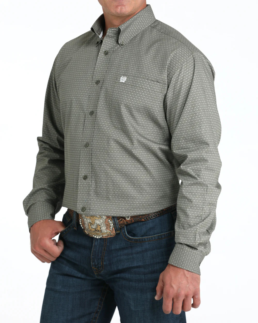 Cinch Men's Classic Fit Button-Down Western Shirt. Man wearing a patterned button-up shirt and jeans on a white background