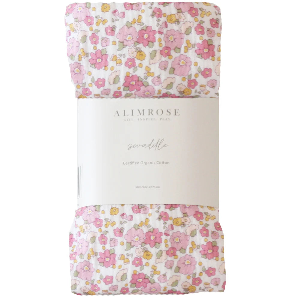 Alimrose Muslin Swaddle Rose Garden. Floral swaddle blanket with 'Alimrose' branding on a white background