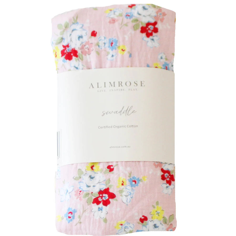Floral swaddle blanket with 'Alimrose' branding on a white background